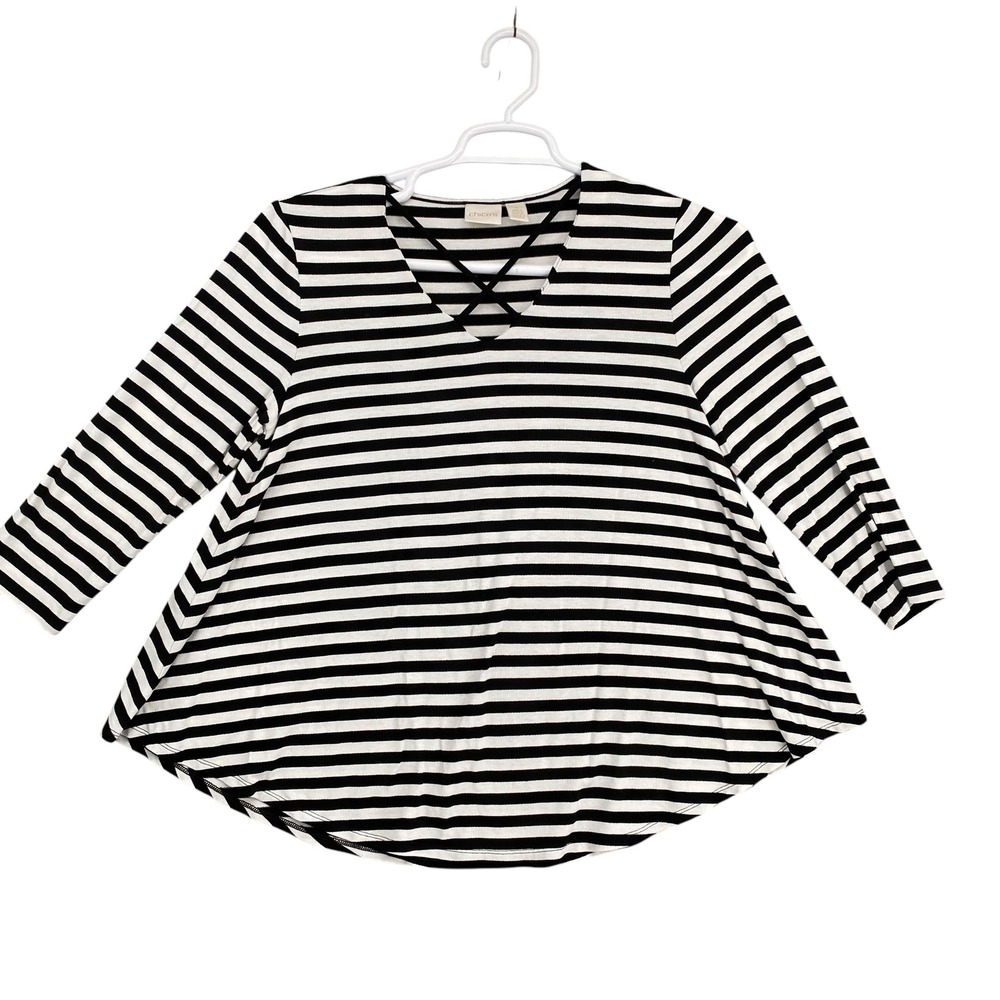Chico's Striped Tunic‎ Top Criss Cross V Neck 3/4 Sleeve Black White 1 Size M